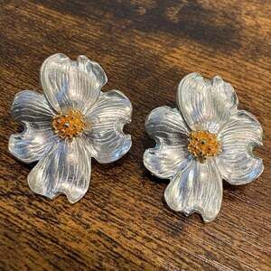 Vintage Maurice Milleur 1992 Dogwood Flower Stud Earrings Two-Tone Signed
